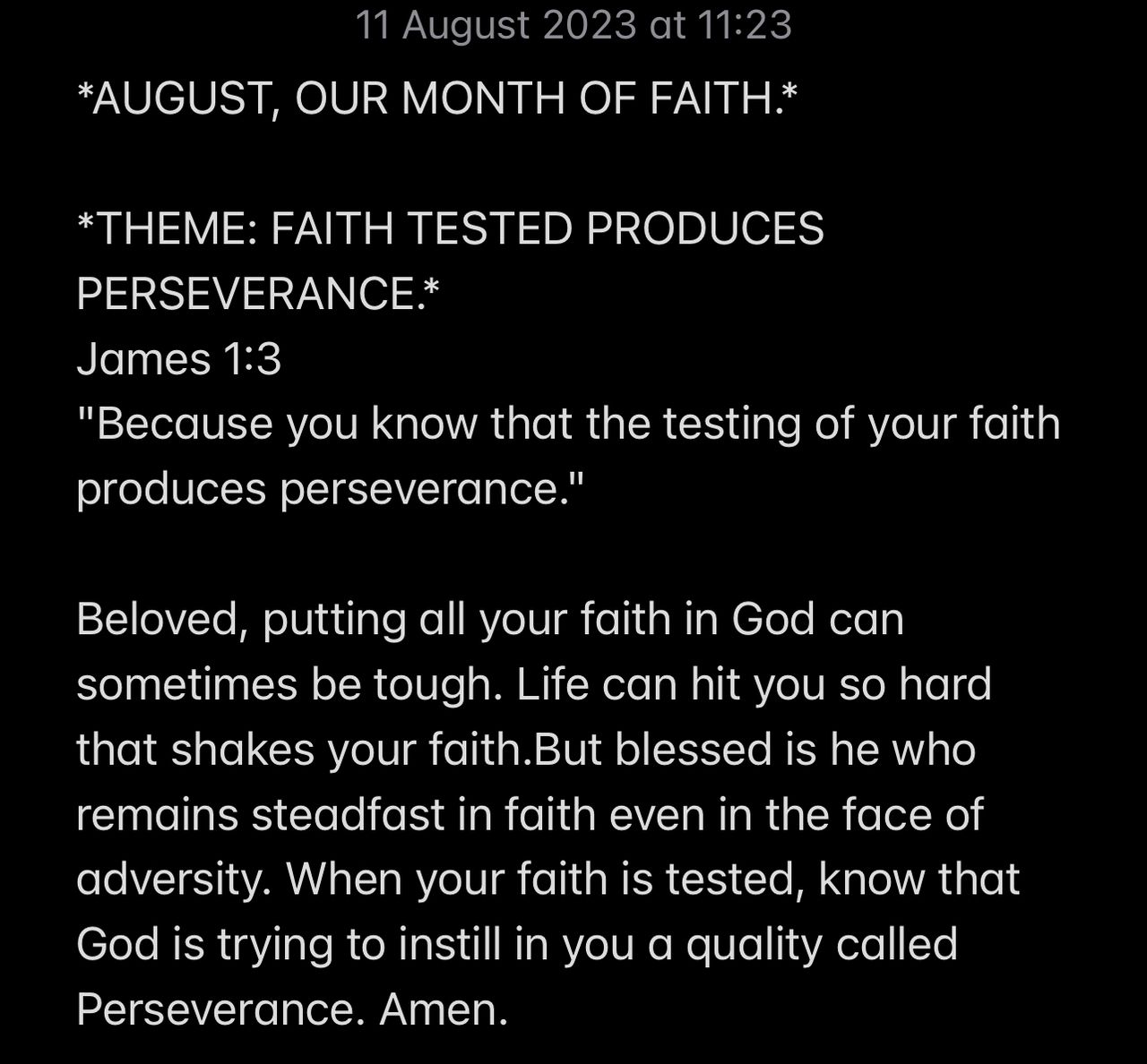 FAITH TESTED PRODUCES PERSEVERANCE.