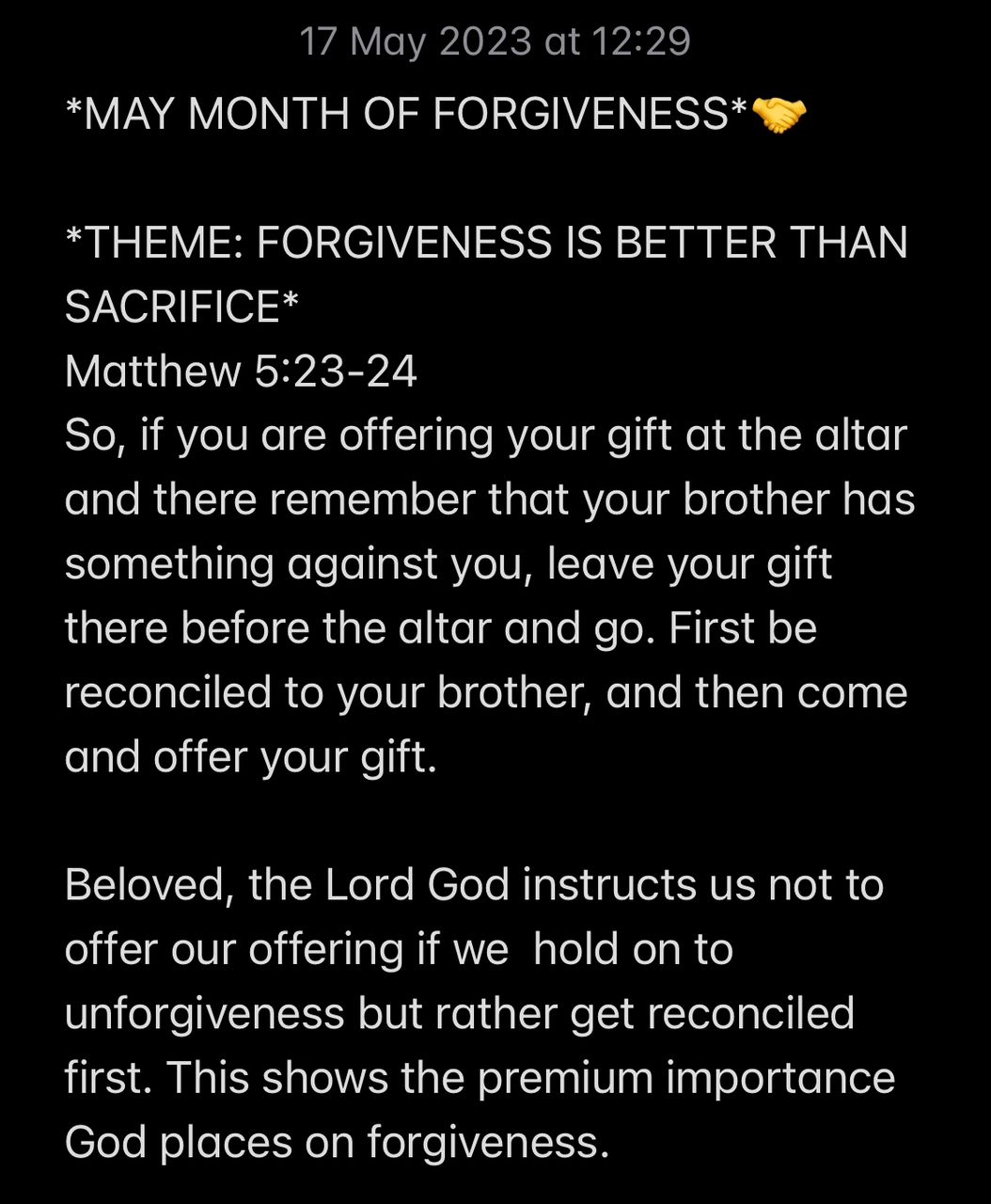 FORGIVENESS PRECEDES SACRIFICE