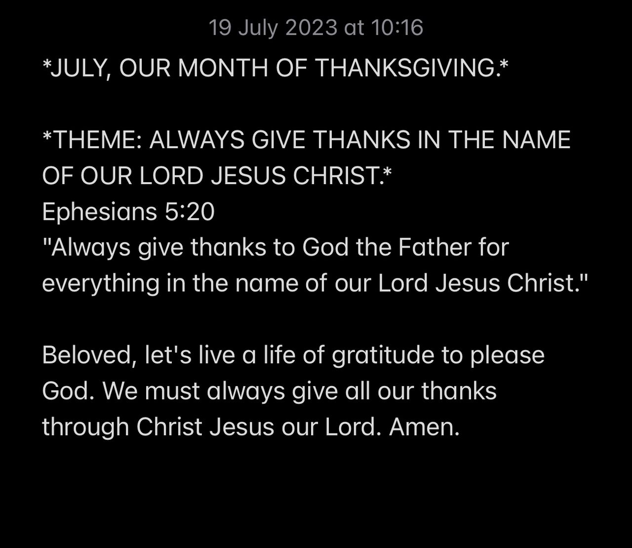 ALWAYS GIVE THANKS IN THE NAME OF OUR LORD JESUS CHRIST.