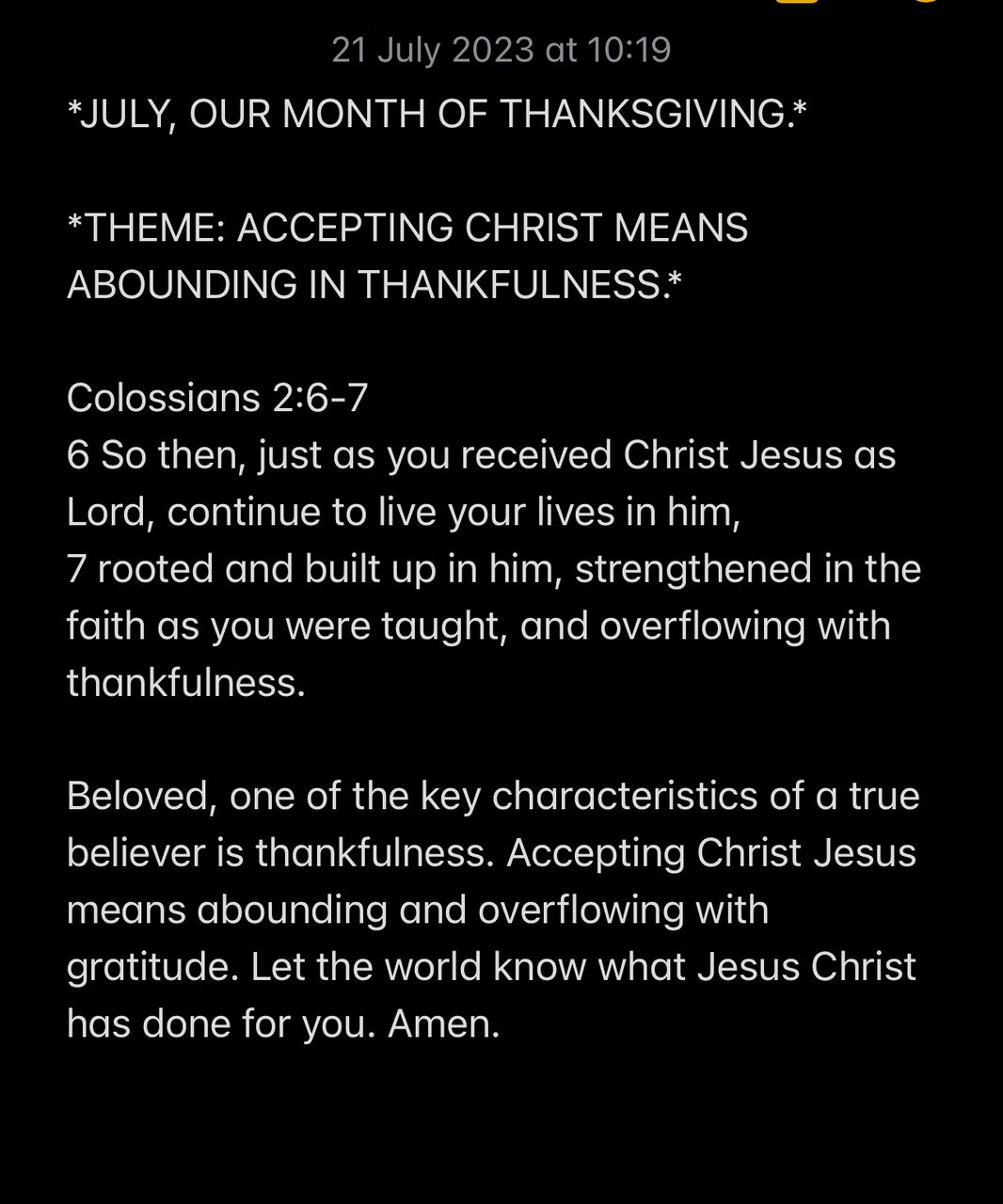 ACCEPTING CHRIST MEANS ABOUNDING IN THANKFULNESS.